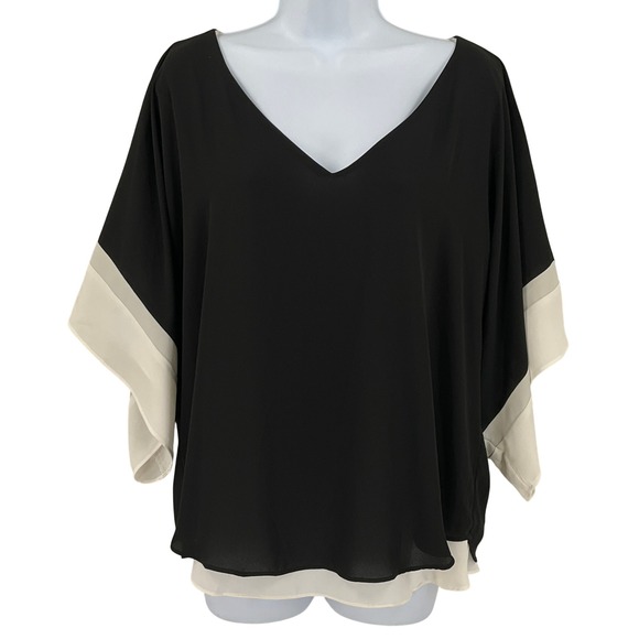 White House Black Market Tops - WHBM Black White Colorblock Kimono Sleeve Layered Blouse Sz M Travel Cruise NEW
